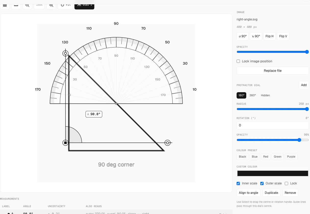 Completed 90.0 degree measurement on the right-angle sample, with ± 0.2° in the measurements table.