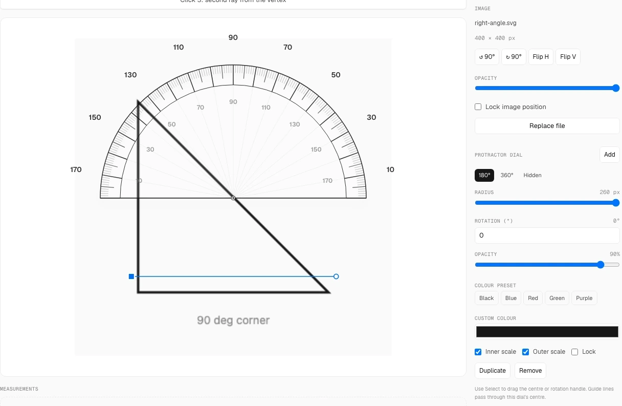 Angle tool after two clicks: a square vertex handle on a 90 degree corner, one ray along the base, and a prompt to click the second ray.